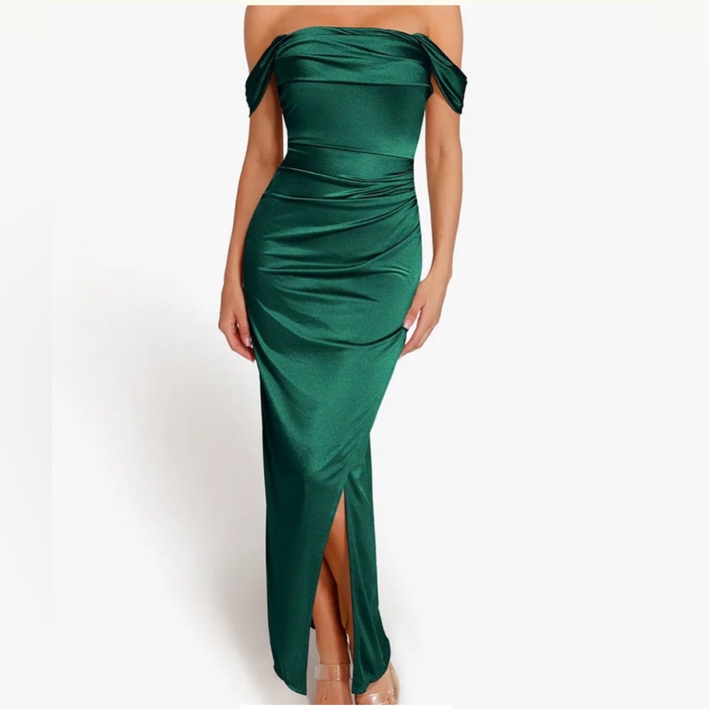 Popilush Off-Shoulder Emerald Green Satin Evening Dress w/shapewear size XL nwot